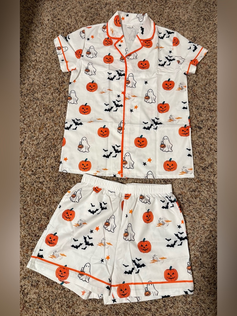 Silky Halloween Ghost & Pumpkin Short Pajama Set - White & Orange size juniors M